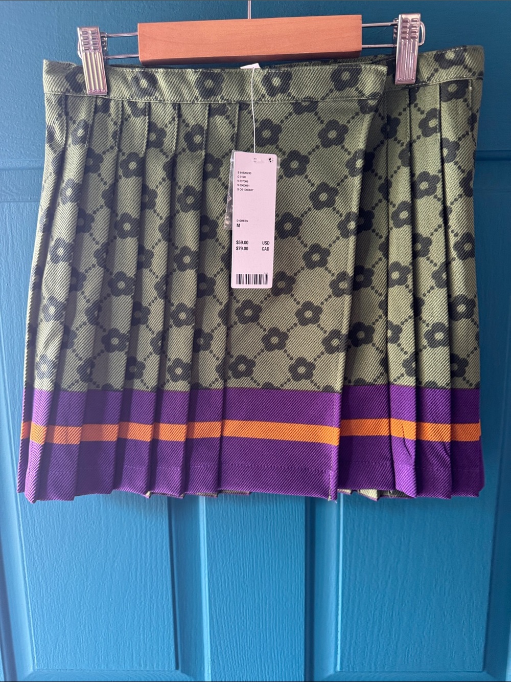 Urban Outfitters Olive Green Floral Pleated Mini Skirt with Purple & Orange Trim